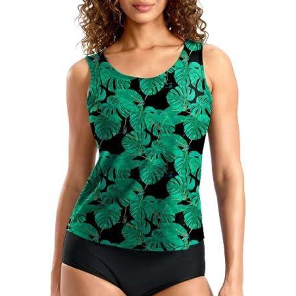 Gradual Women Tropical Leaf Print Swim Tankini Top Green Black 3XL NWT
